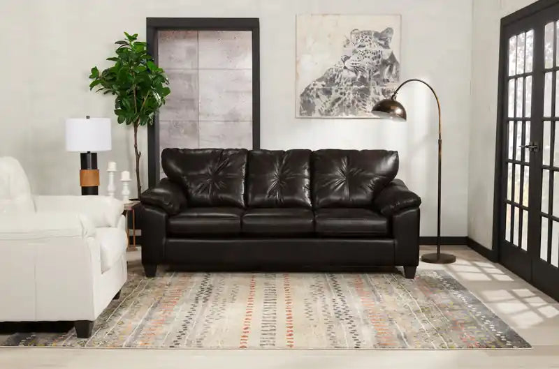 Fabriqué au Canada Canapé 86 po en tissu aspect cuir avec coussin de siège amovible et capitonnage – Noir Mûre