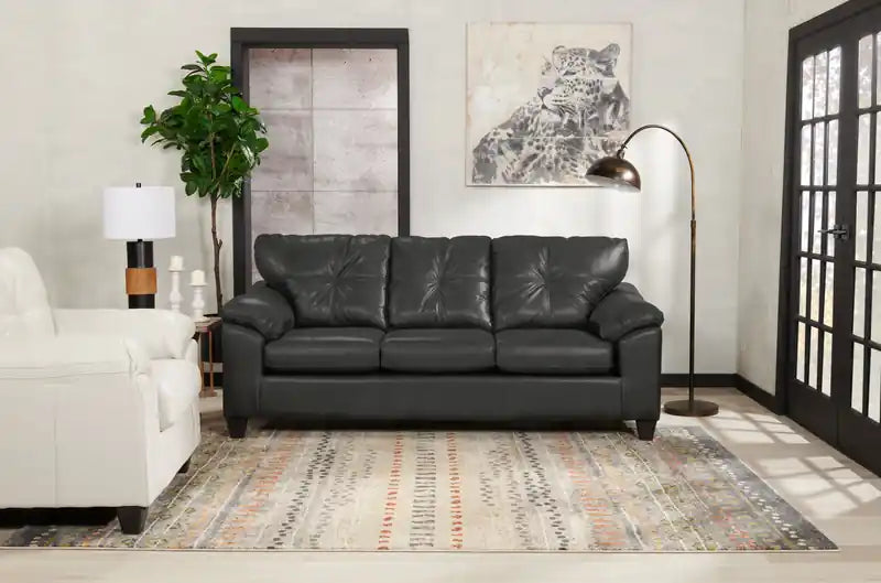 Fabriqué au Canada Canapé 86 po en tissu aspect cuir avec coussin de siège amovible et capitonnage – Noir Mûre