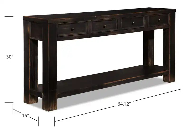 64.12 Table de canapé rustique avec rangement et étagère - Bois noir vintage