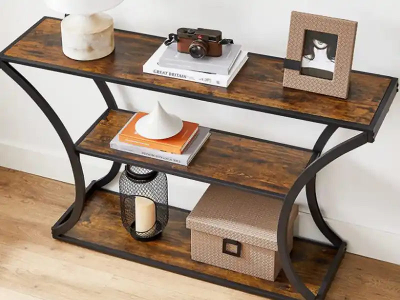Console Premium Avec Étagère De Rangement - Effet Bois Recyclé et Métal Noir