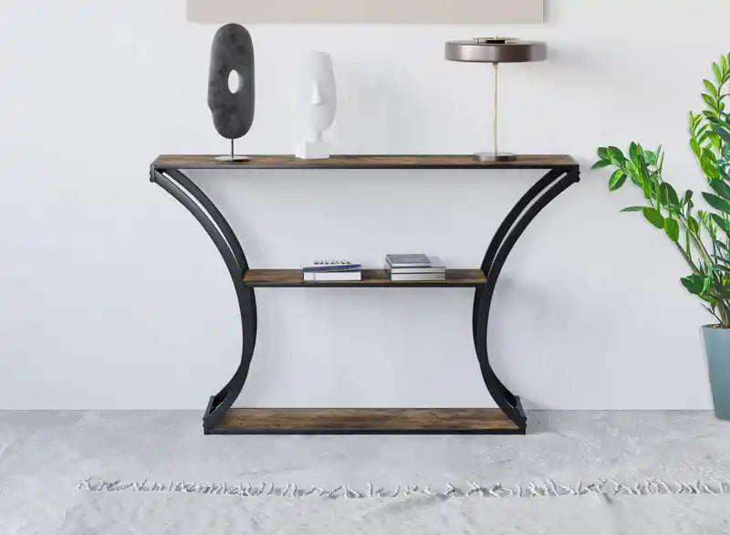 Console Premium Avec Étagère De Rangement - Effet Bois Recyclé et Métal Noir