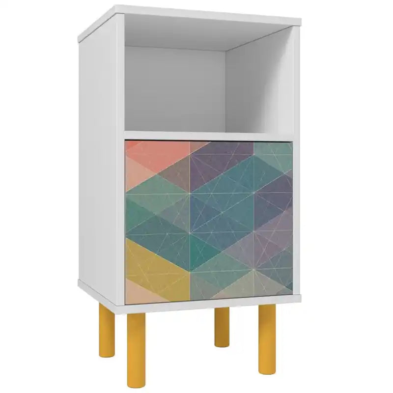 Manhattan Comfort Mid-Century Modern Retro Nightstand with 2 Shelves - White & Multi-Colour