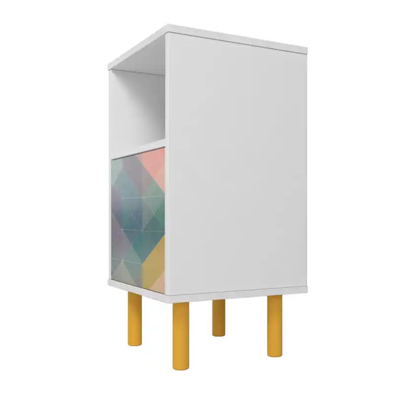 Table de chevet rétro Mid-Century Modern avec 2 étagères - Blanc et multicolore