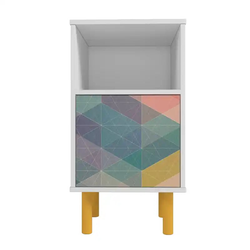 Table de chevet rétro Mid-Century Modern avec 2 étagères - Blanc et multicolore