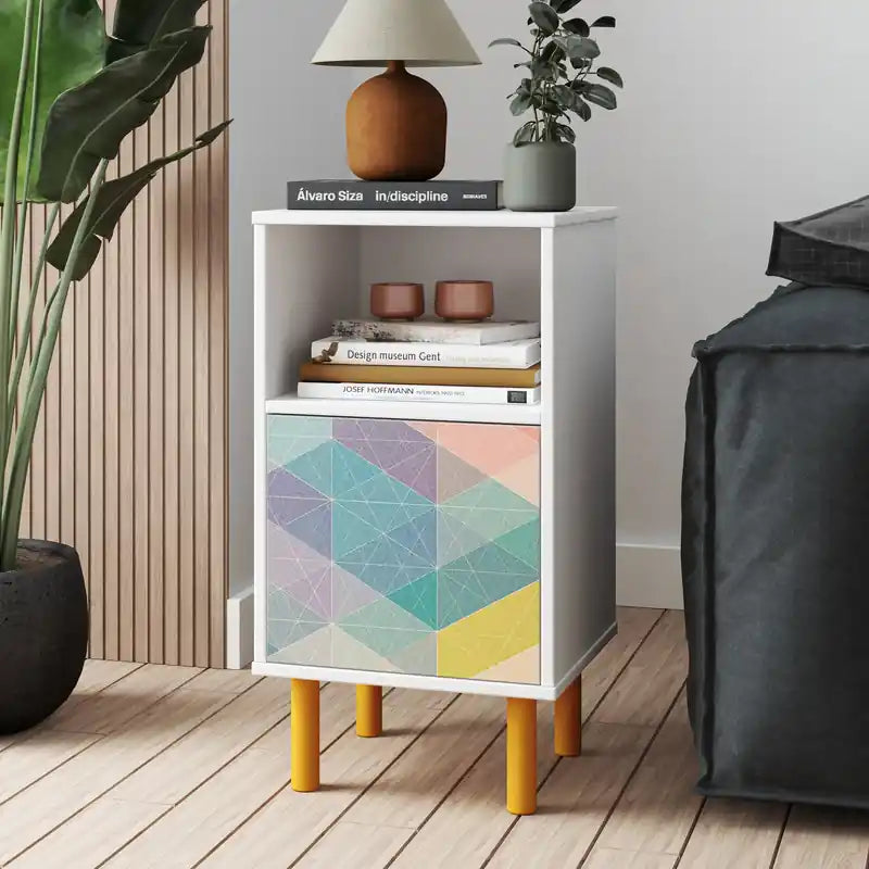 Table de chevet rétro Mid-Century Modern avec 2 étagères - Blanc et multicolore
