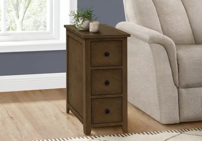 Table d'appoint/de chevet étroite avec tiroir de rangement, finition placage marron, style transitionnel