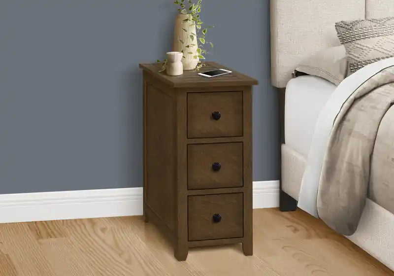 Table d'appoint/de chevet étroite avec tiroir de rangement, finition placage marron, style transitionnel