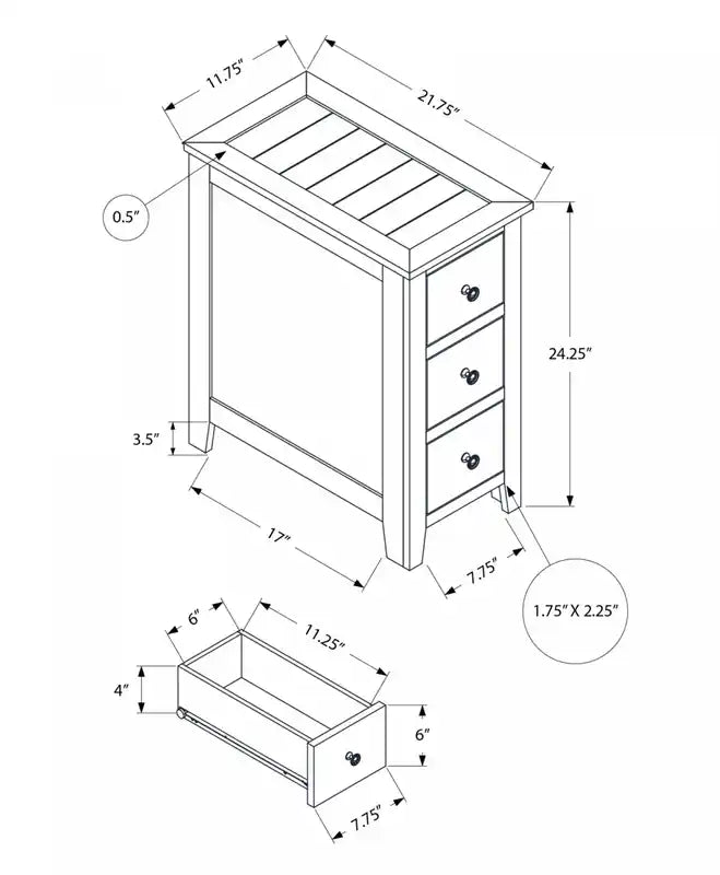 Table d'appoint/de chevet étroite avec tiroir de rangement, finition placage marron, style transitionnel