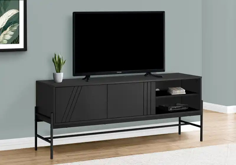 Meuble TV moderne de 150 cm avec rangement et gestion des câbles pour téléviseurs jusqu'à 65 pouces - Noir