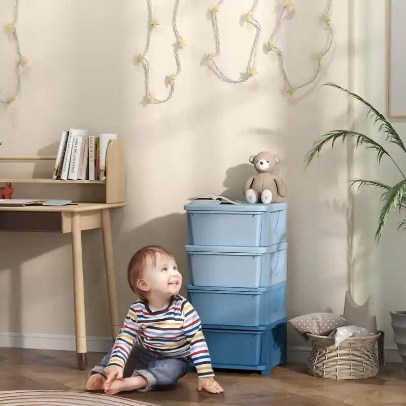 Organisateur de rangement pour jouets pour enfants avec 4 bacs en plastique, commode à 4 niveaux pour chambre d'enfant, crèche, maternelle, salon pour garçons, filles, tout-petits