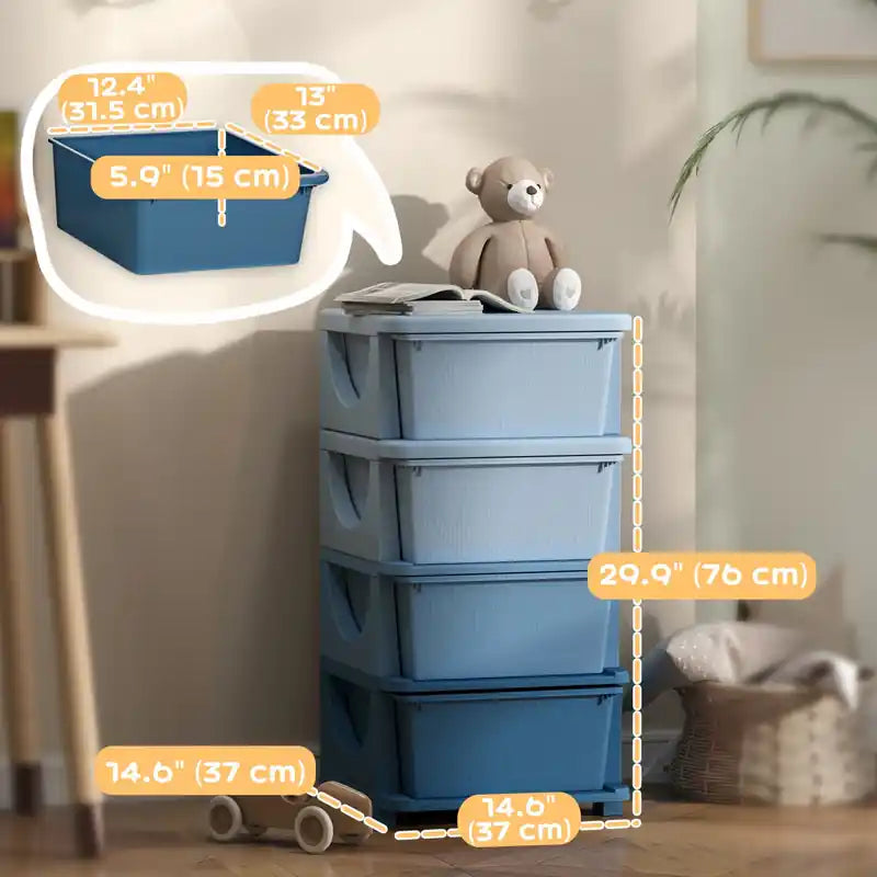 Organisateur de rangement pour jouets pour enfants avec 4 bacs en plastique, commode à 4 niveaux pour chambre d'enfant, crèche, maternelle, salon pour garçons, filles, tout-petits