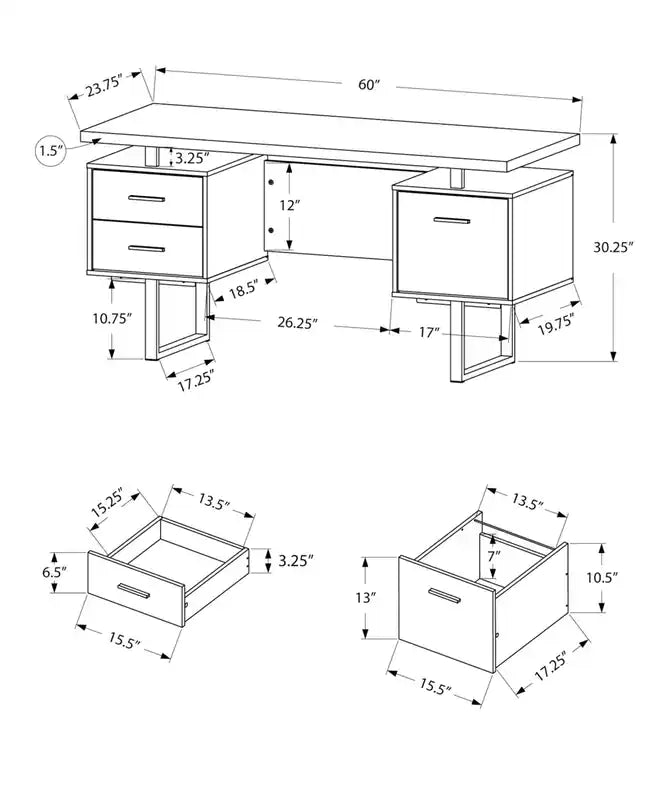Bureau réversible de 60 pouces avec 3 tiroirs