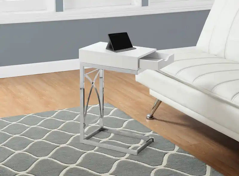Table d'appoint en C avec tiroir (16 po) – Blanc lustré
