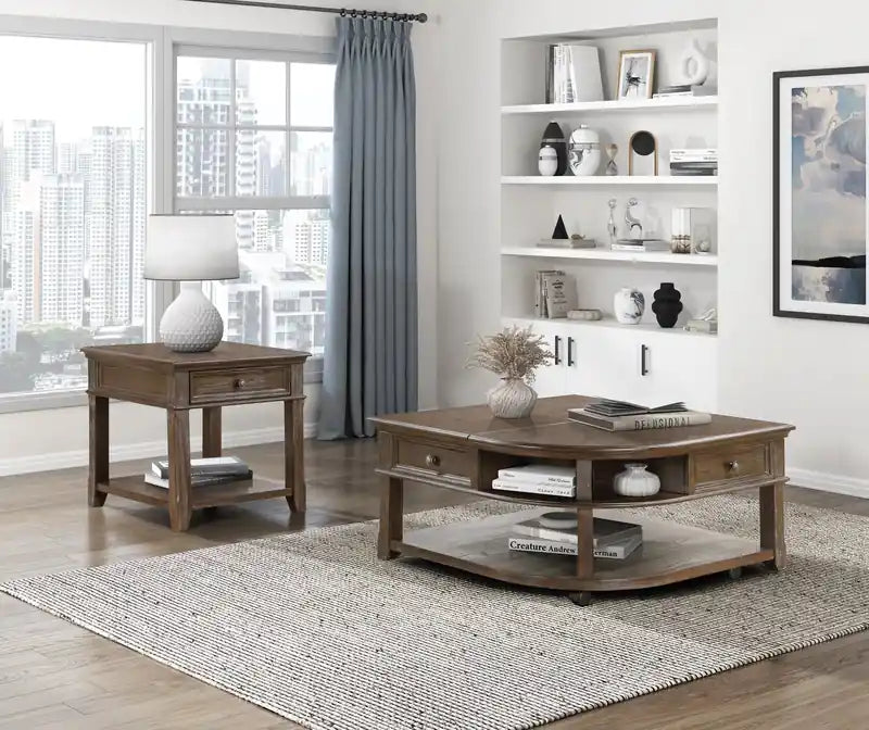 Table basse traditionnelle à dessus relevable avec rangement et roulettes - Orme brun 38