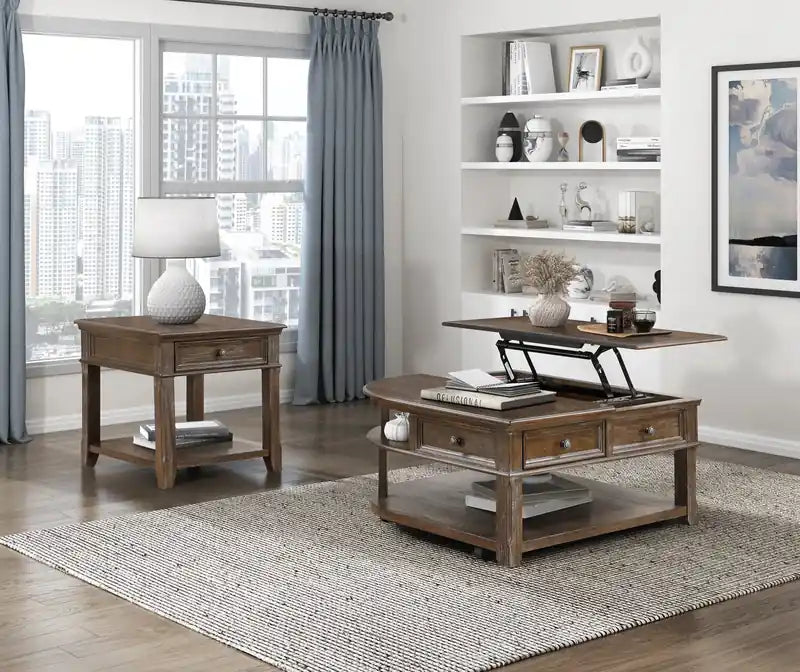 Table basse traditionnelle à dessus relevable avec rangement et roulettes - Orme brun 38