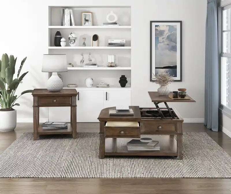 Table basse traditionnelle à dessus relevable avec rangement et roulettes - Orme brun 38