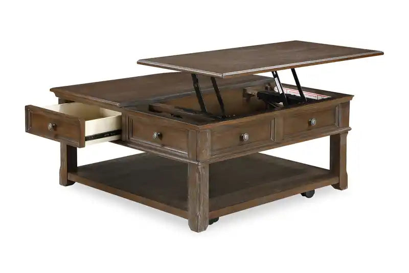Table basse traditionnelle à dessus relevable avec rangement et roulettes - Orme brun 38