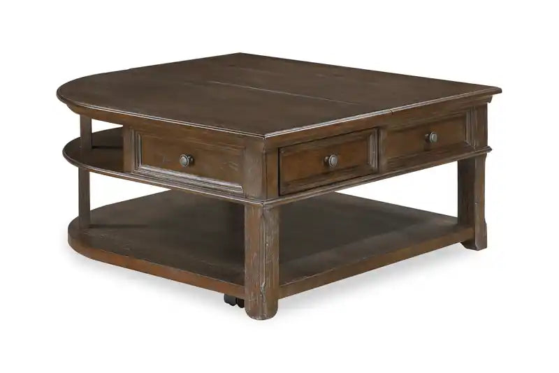 Table basse traditionnelle à dessus relevable avec rangement et roulettes - Orme brun 38