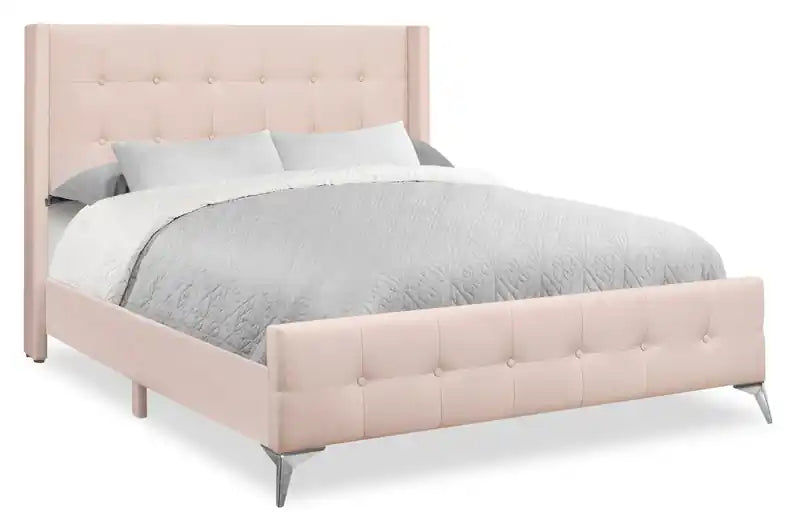 Zara Upholstered Bed in Pink Linen-Look Fabric - Button Tufted