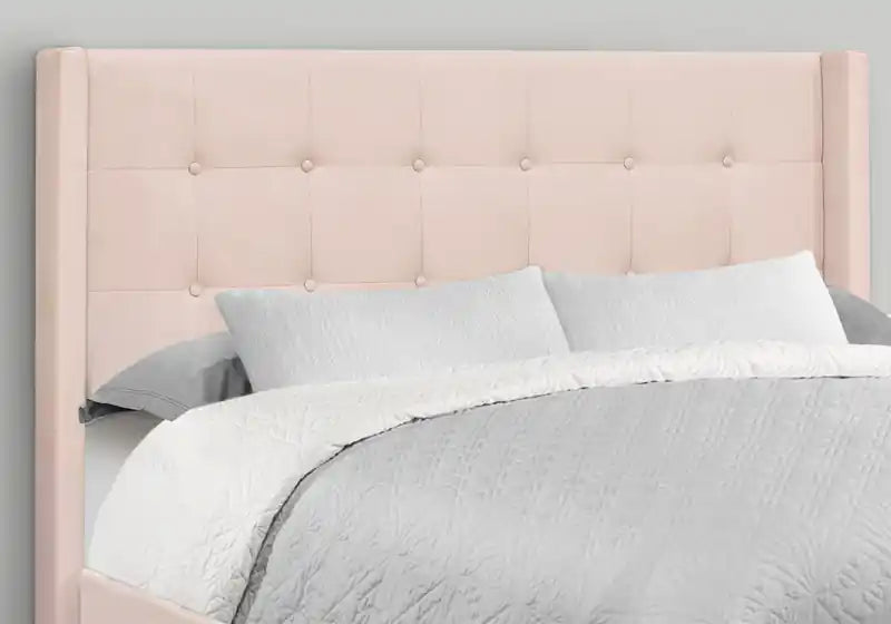 Lit rembourré en tissu d'aspect lin rose - Capitonnage à boutons