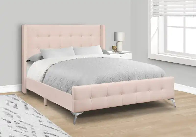Lit rembourré en tissu d'aspect lin rose - Capitonnage à boutons